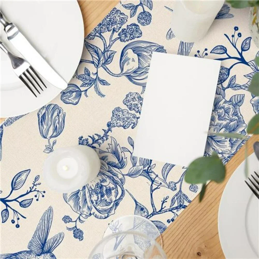 Blue floral table runner 13x72 vintage chinoiserie birds flowers dining table de